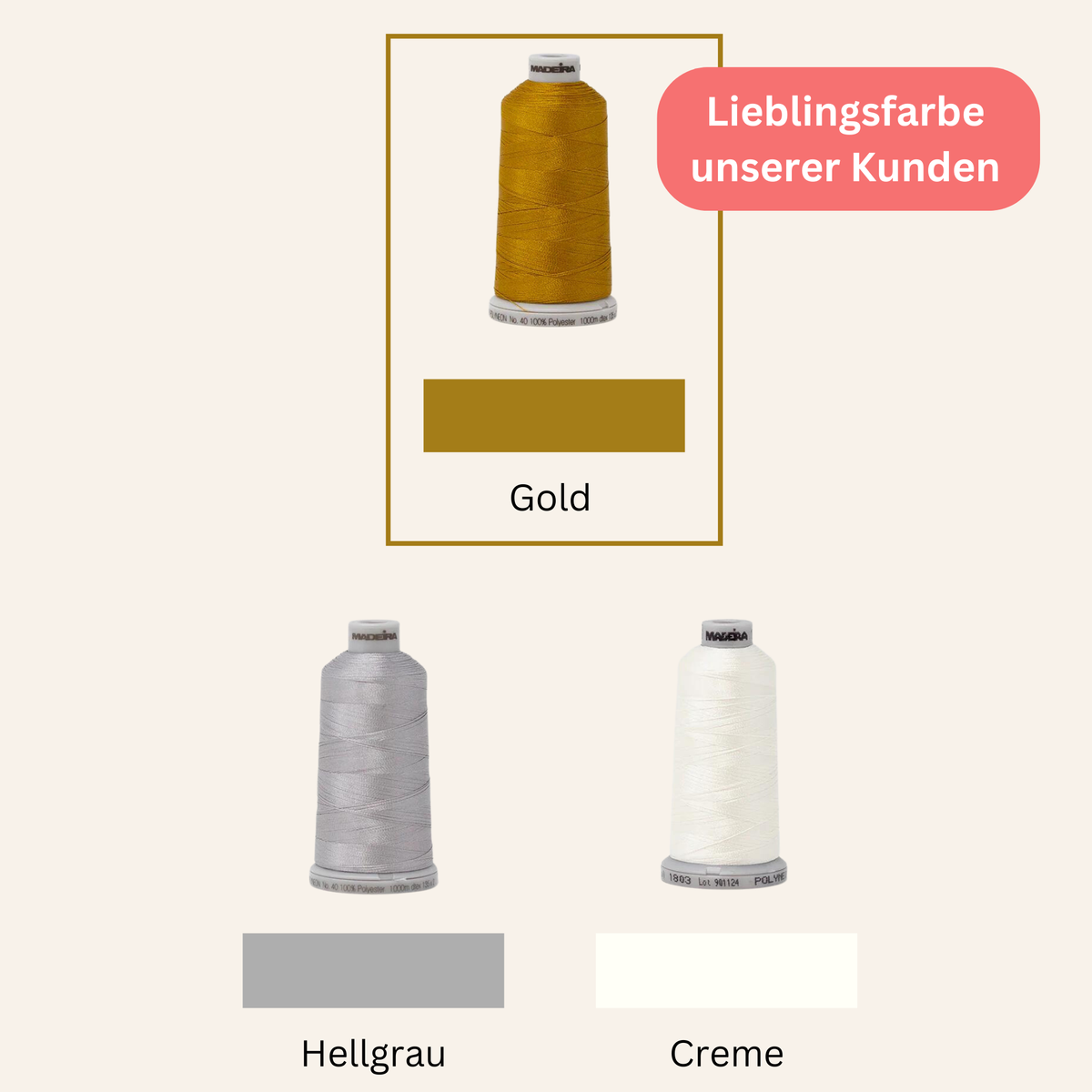 Garnfarben Gold, Hellgrau und Creme für den Namensstick